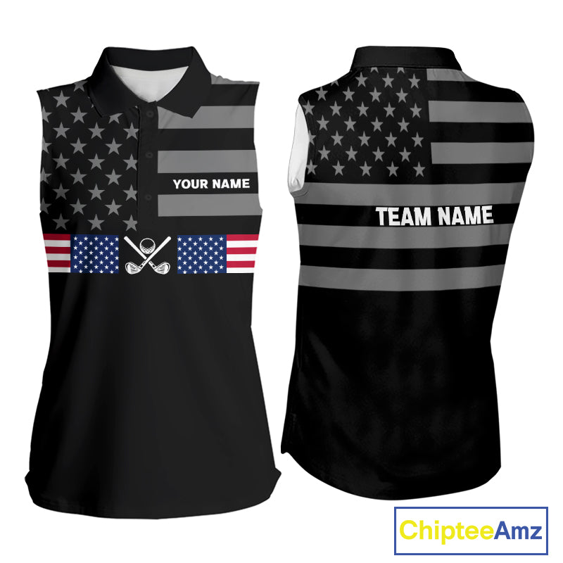 American Flag Black Women Golf Sleeveless Polo Shirt Custom Patriotic Women Golf Top, Gifts For Golf Lovers NYN4924