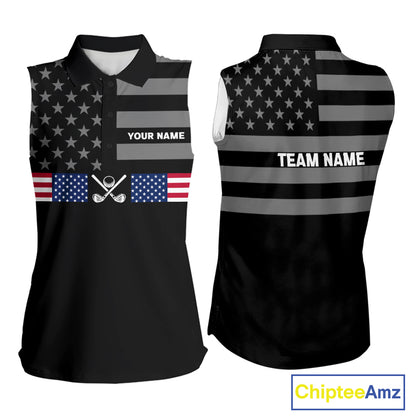 American Flag Black Women Golf Sleeveless Polo Shirt Custom Patriotic Women Golf Top, Gifts For Golf Lovers NYN4924