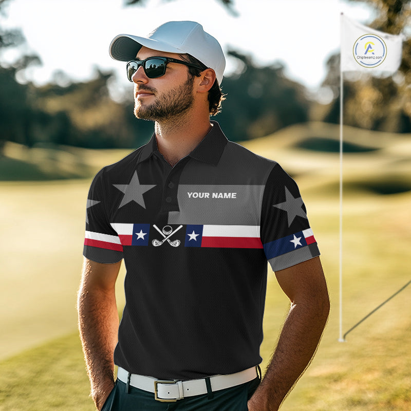 Texas Flag Black Men Golf Polo Shirt Custom Patriotic Mens Golf Top, Gifts For Golf Lovers NYN4925
