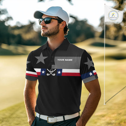 Texas Flag Black Men Golf Polo Shirt Custom Patriotic Mens Golf Top, Gifts For Golf Lovers NYN4925