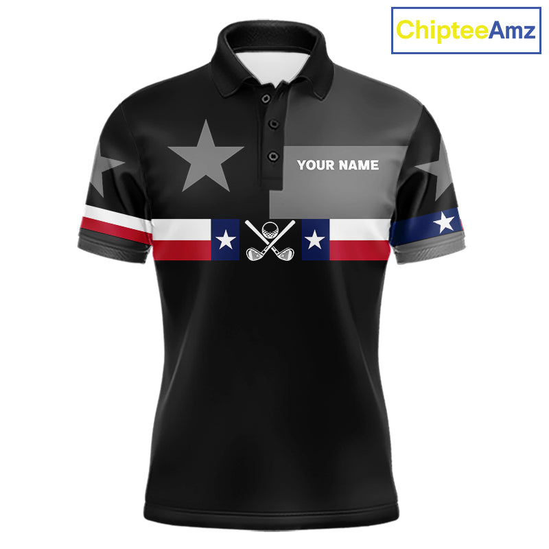 Texas Flag Black Men Golf Polo Shirt Custom Patriotic Mens Golf Top, Gifts For Golf Lovers NYN4925