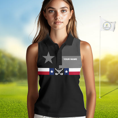 Texas Flag Black Women Golf Sleeveless Polo Shirt Custom Patriotic Women Golf Top, Gifts For Golf Lovers NYN4925