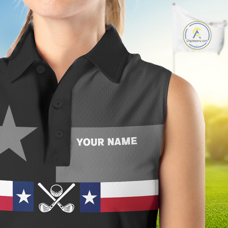 Texas Flag Black Women Golf Sleeveless Polo Shirt Custom Patriotic Women Golf Top, Gifts For Golf Lovers NYN4925