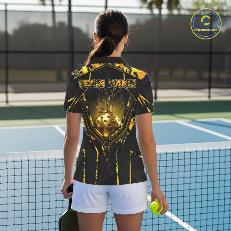 Custom Black And Yellow Gold Crown Pickleball 3D Ball Jerseys Women Pickleball League Shirts NYN2228