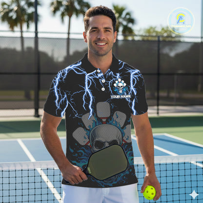 Custom Thunder Blue Flaming Skull Paddle & Ball Pickleball Jerseys Men Pickleball Shirts NYN2229