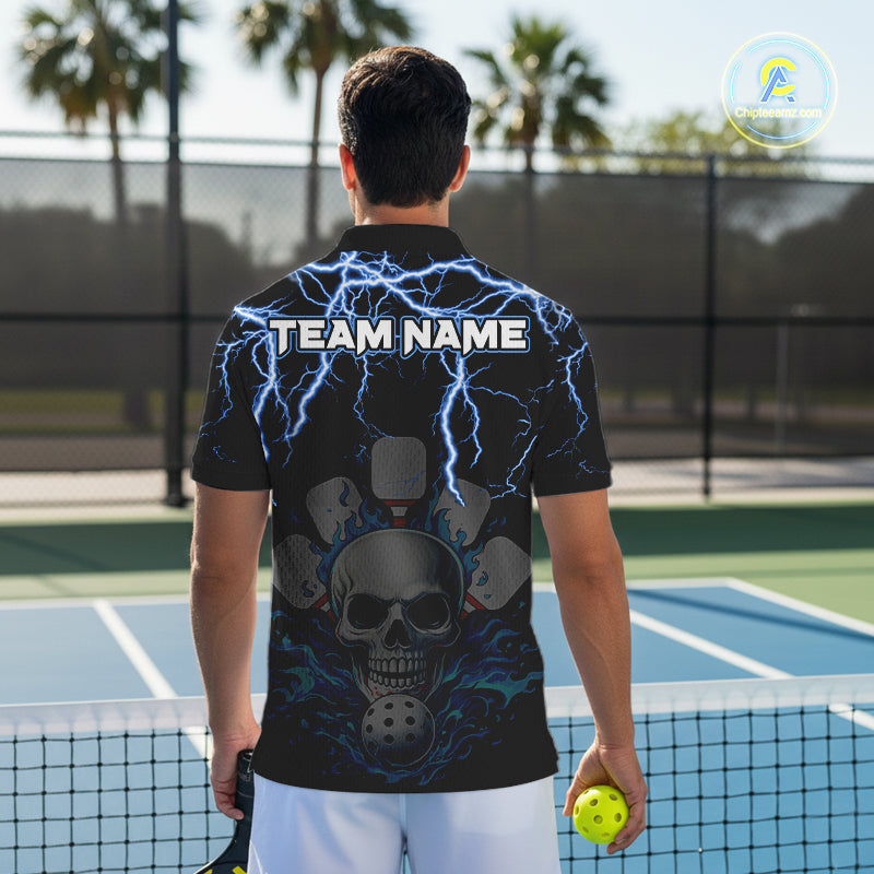 Custom Thunder Blue Flaming Skull Paddle & Ball Pickleball Jerseys Men Pickleball Shirts NYN2229