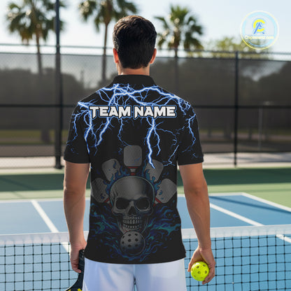 Custom Thunder Blue Flaming Skull Paddle & Ball Pickleball Jerseys Men Pickleball Shirts NYN2229