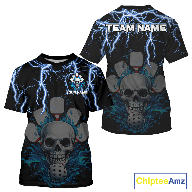 Custom Thunder Blue Flaming Skull Paddle & Ball Pickleball Jerseys Men Pickleball Shirts NYN2229