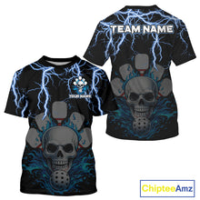 Load image into Gallery viewer, Custom Thunder Blue Flaming Skull Paddle &amp; Ball Pickleball Jerseys Men Pickleball Shirts NYN2229