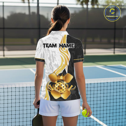 Black-White Gold Crown Pickleball Paddle & Ball Jerseys Custom Women Pickleball League Shirts NYN2234