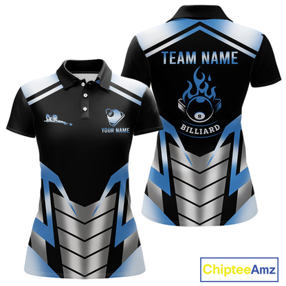 Custom Flame 8 Ball Pool Women Billiard Ball Shirts Gradient Blue & Silver Billiard Pool Jerseys NYN2895