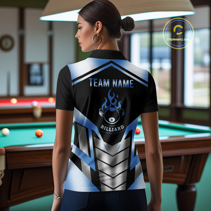 Custom Flame 8 Ball Pool Women Billiard Ball Shirts Gradient Blue & Silver Billiard Pool Jerseys NYN2895