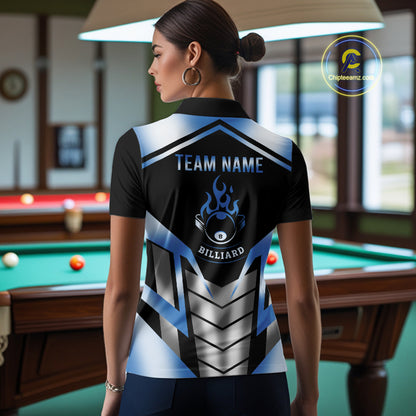 Custom Flame 8 Ball Pool Women Billiard Ball Shirts Gradient Blue & Silver Billiard Pool Jerseys NYN2895