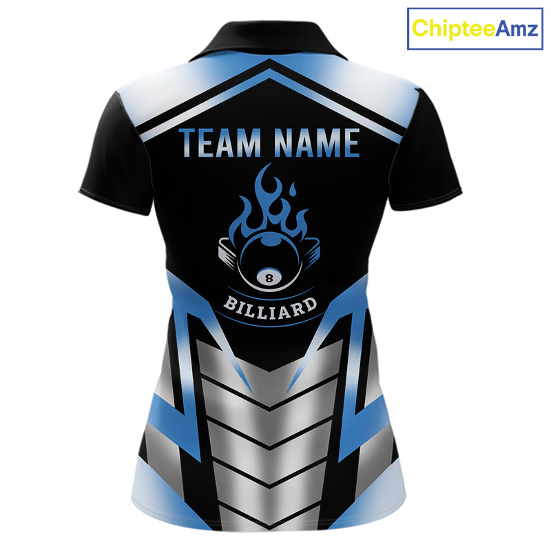 Custom Flame 8 Ball Pool Women Billiard Ball Shirts Gradient Blue & Silver Billiard Pool Jerseys NYN2895