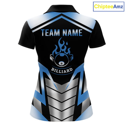 Custom Flame 8 Ball Pool Women Billiard Ball Shirts Gradient Blue & Silver Billiard Pool Jerseys NYN2895