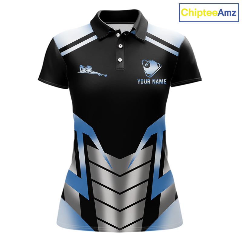 Custom Flame 8 Ball Pool Women Billiard Ball Shirts Gradient Blue & Silver Billiard Pool Jerseys NYN2895