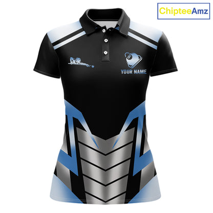 Custom Flame 8 Ball Pool Women Billiard Ball Shirts Gradient Blue & Silver Billiard Pool Jerseys NYN2895
