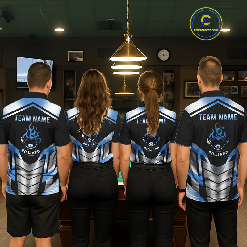 Custom Flame 8 Ball Pool Men Billiard Ball Shirts Gradient Blue & Silver Billiard Pool Jerseys NYN2895