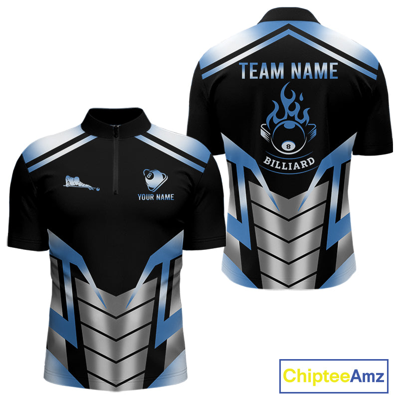 Custom Flame 8 Ball Pool Men Billiard Ball Shirts Gradient Blue & Silver Billiard Pool Jerseys NYN2895