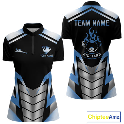 Custom Flame 8 Ball Pool Women Billiard Ball Shirts Gradient Blue & Silver Billiard Pool Jerseys NYN2895