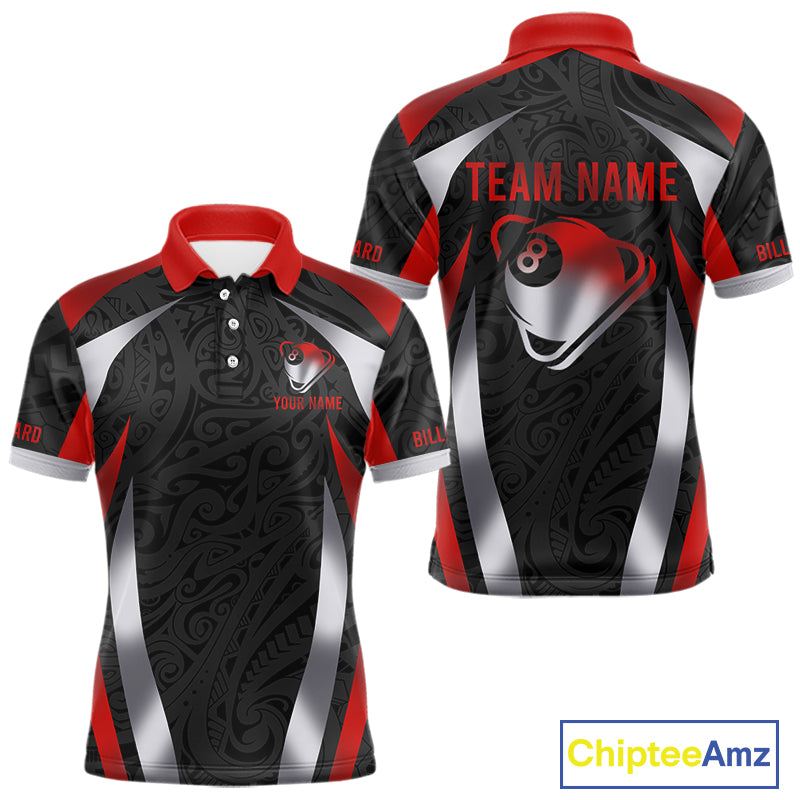 Personalized 8 Ball Pool Men Billiard Shirts Gradient Red & Silver Tribal Billiard Pool Apparel NYN2896