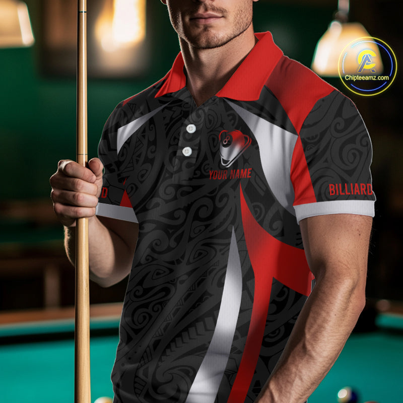 Personalized 8 Ball Pool Men Billiard Shirts Gradient Red & Silver Tribal Billiard Pool Apparel NYN2896