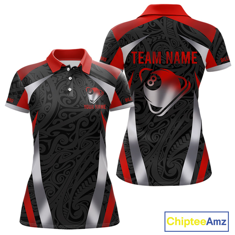 Personalized 8 Ball Pool Women Billiard Shirts Gradient Red & Silver Tribal Billiard Pool Apparel NYN2896