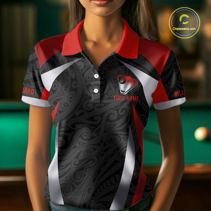 Personalized 8 Ball Pool Women Billiard Shirts Gradient Red & Silver Tribal Billiard Pool Apparel NYN2896