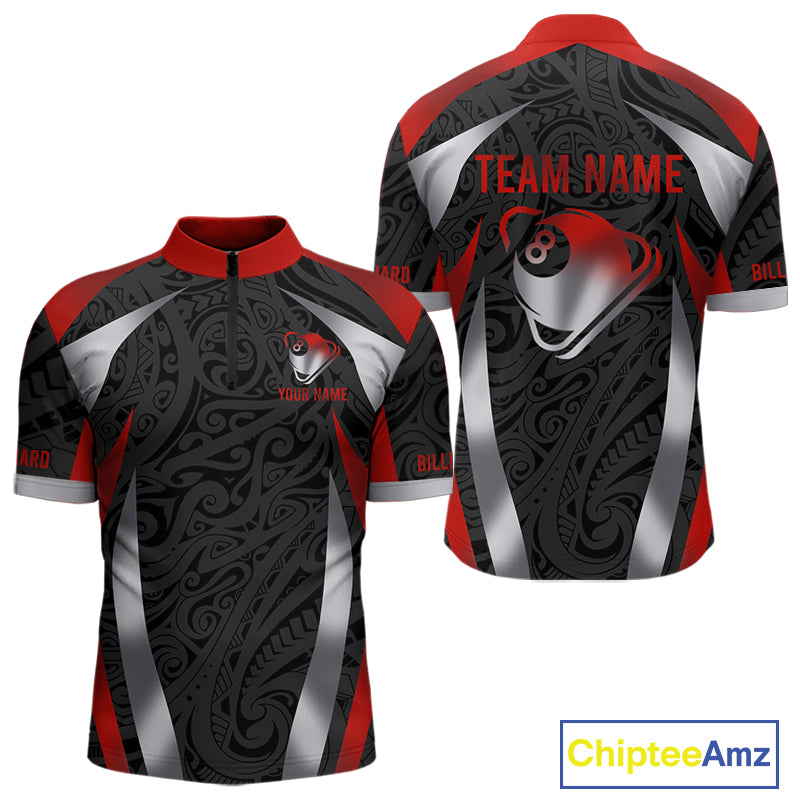 Personalized 8 Ball Pool Men Billiard Shirts Gradient Red & Silver Tribal Billiard Pool Apparel NYN2896