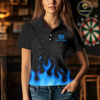Blue Flaming Dartboard Grey Skull Darts Shirt For Women - Custom Name & Team Jersey NYN0597