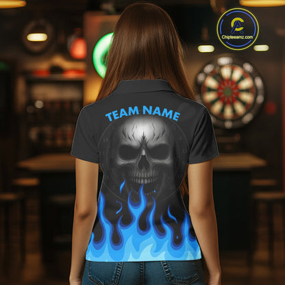 Blue Flaming Dartboard Grey Skull Darts Shirt For Women - Custom Name & Team Jersey NYN0597