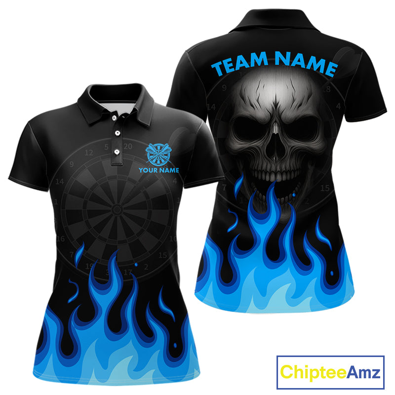 Blue Flaming Dartboard Grey Skull Darts Shirt For Women - Custom Name & Team Jersey NYN0597