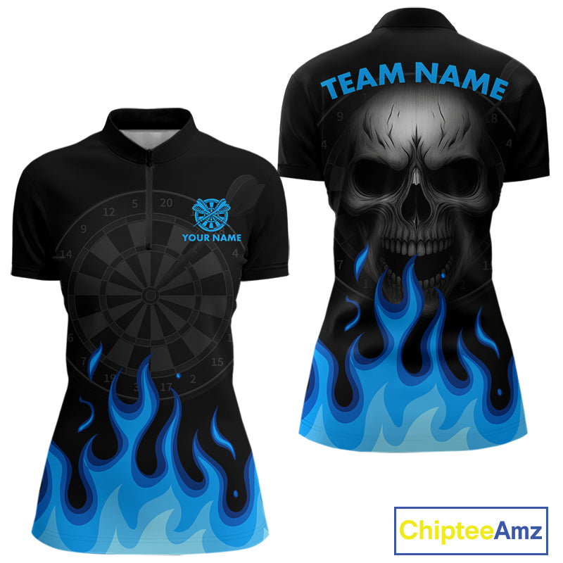 Blue Flaming Dartboard Grey Skull Darts Shirt For Women - Custom Name & Team Jersey NYN0597