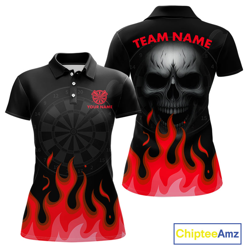 Maroon Flaming Dartboard Grey Skull Darts Shirt For Women - Custom Name & Team Jersey NYN0598