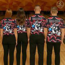 Load image into Gallery viewer, Men women bowling team wearing Funny Rabbit custom bowling uniforms, league bowling apparel