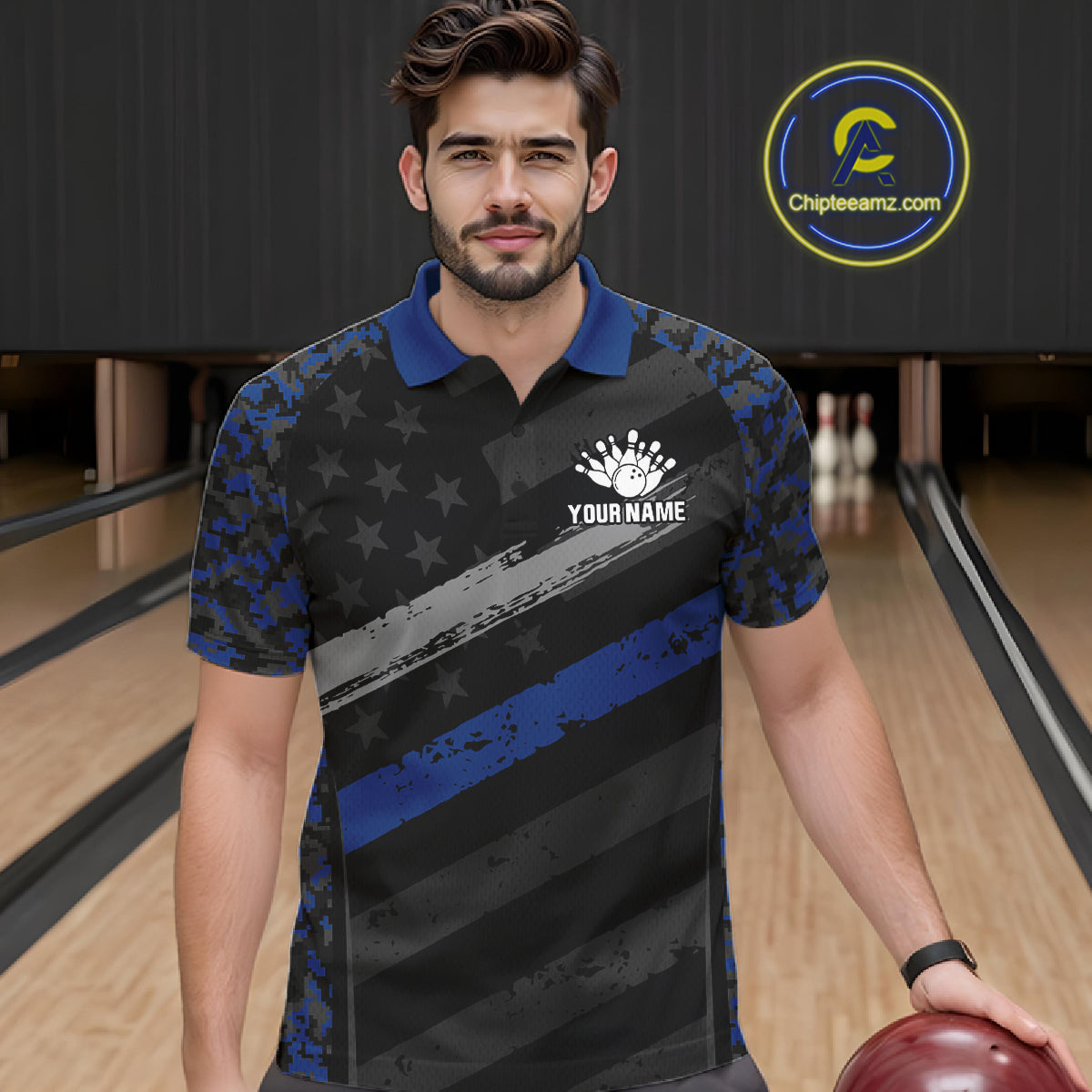 Male model wearing Grey Blue American Flag personalized bowling polo shirt, camouflage bowling jersey, patriotic tournament apparel, confidence, teamwork