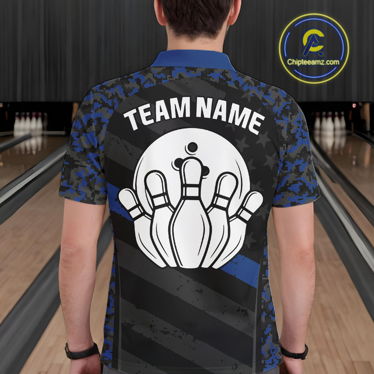 Male model wearing Grey Blue American Flag personalized bowling polo shirt, camouflage bowling jersey, patriotic tournament apparel, confidence, teamwork