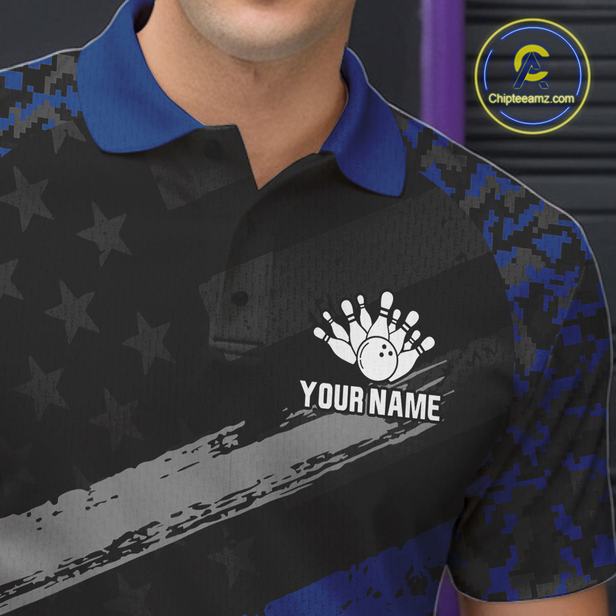 Male model wearing Grey Blue American Flag personalized bowling polo shirt, camouflage bowling jersey, patriotic tournament apparel, confidence, teamwork