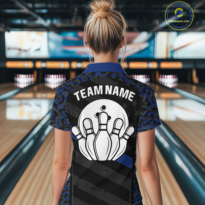 Female model wearing Grey Blue American Flag bowling polo shirt during bowling tournament, patriotic custom jersey, athletic lifestyle, freedom, leadership, American pride