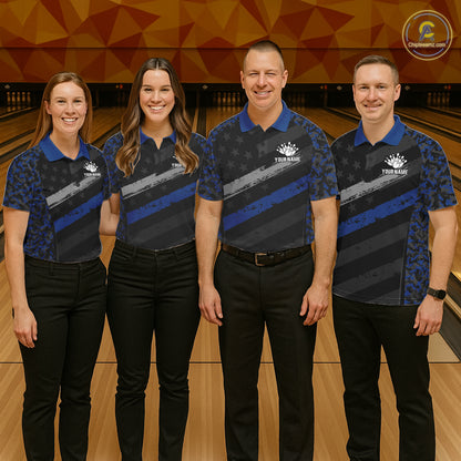 Bowling team wearing matching Grey Blue American Flag camo polo and quarter-zip jerseys, personalized patriotic league uniforms, teamwork, military support, freedom, unity, championship performance
