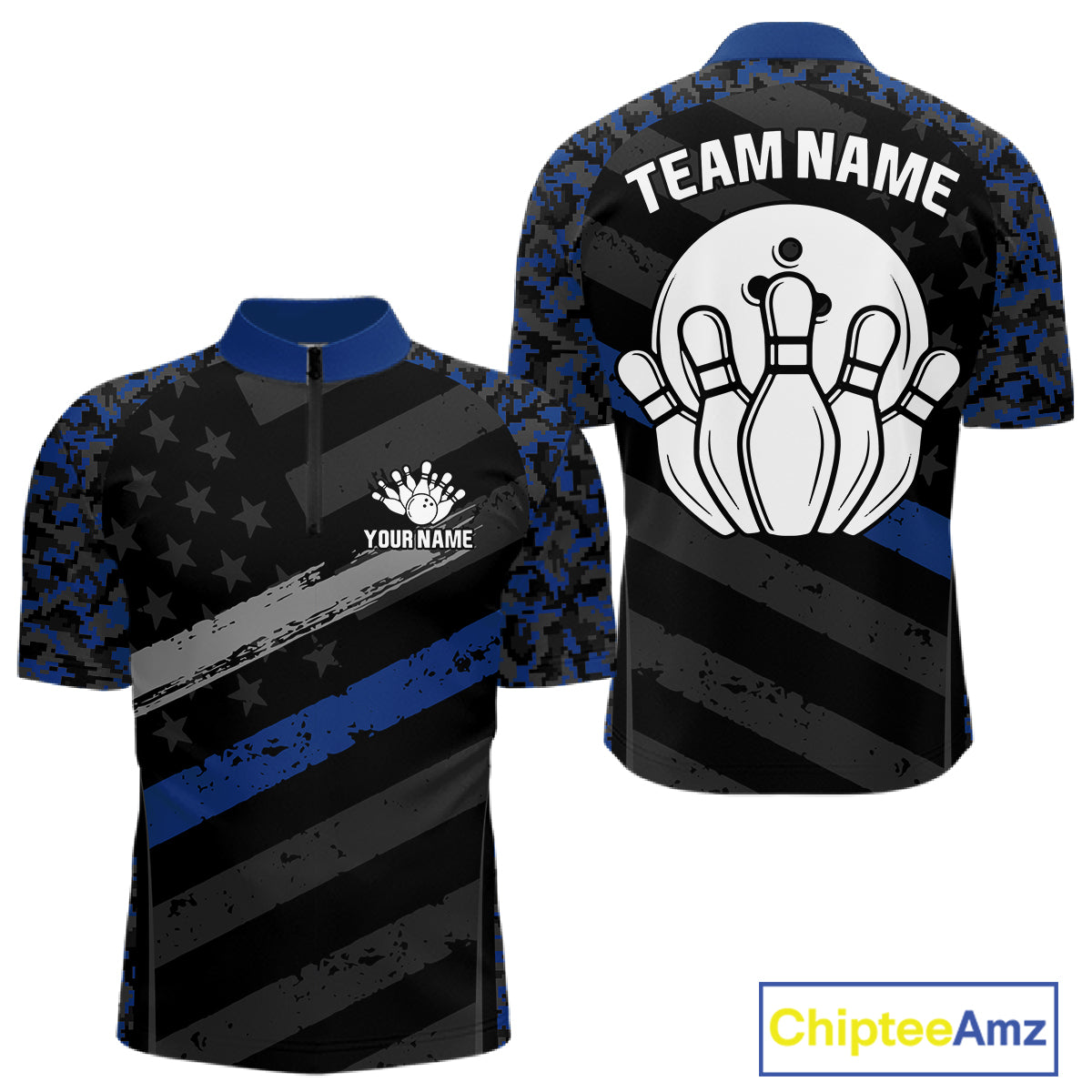 Grey Blue American Flag Men's Bowling Quarter-Zip Shirt, Personalized Bowling Team Jersey, American Flag Camo Performance Apparel