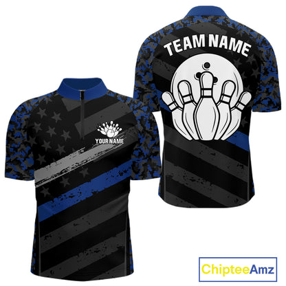 Grey Blue American Flag Men's Bowling Quarter-Zip Shirt, Personalized Bowling Team Jersey, American Flag Camo Performance Apparel