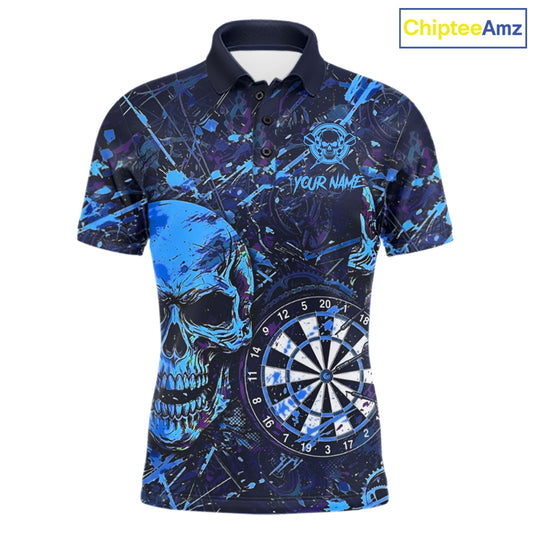 Grunge Blue Purple Horror Skull Men's Darts Polo Shirt, Personalized Splatter Team Jersey, Gothic Dart League Apparel, Custom Skull Performance Shirt, Strength, Fearless Spirit & Championship Energy