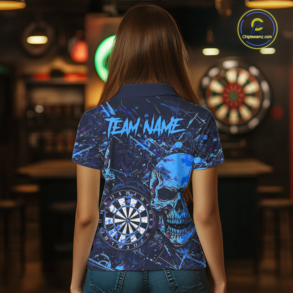 Female model wearing grunge blue purple horror skull personalized darts polo shirt, gothic tournament apparel, competitive dart league outfit, fearless athletic fashion
