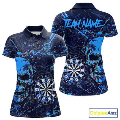 Grunge Blue Purple Horror Skull Women's Darts Polo Shirt, Personalized Splatter Team Jersey, Gothic Tournament Apparel, Custom League Uniform, Skull Graphic Performance Shirt, Fearless, Power & Competitive Mindset