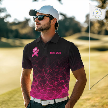 Pink Neon Ribbon Golf Ball Mens Golf Polo Shirt Custom Breast Cancer Awareness Golf Team, Golf Gift NYN4155