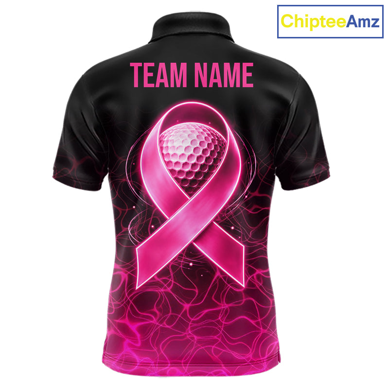 Pink Neon Ribbon Golf Ball Mens Golf Polo Shirt Custom Breast Cancer Awareness Golf Team, Golf Gift NYN4155