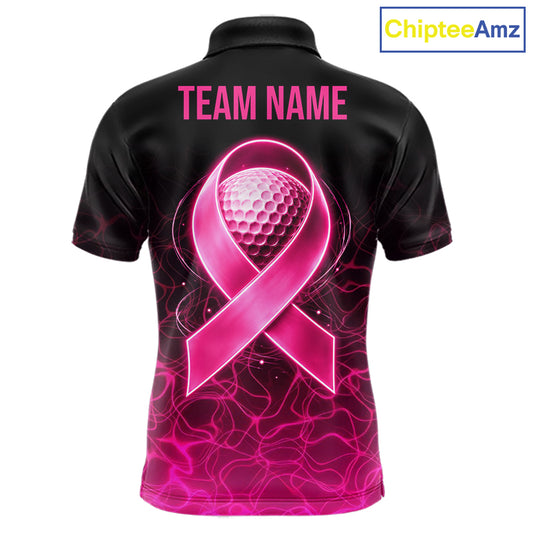 Pink Neon Ribbon Golf Ball Mens Golf Polo Shirt Custom Breast Cancer Awareness Golf Team, Golf Gift NYN4155
