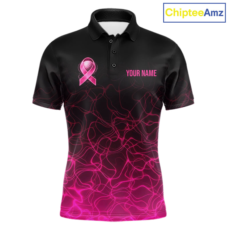 Pink Neon Ribbon Golf Ball Mens Golf Polo Shirt Custom Breast Cancer Awareness Golf Team, Golf Gift NYN4155