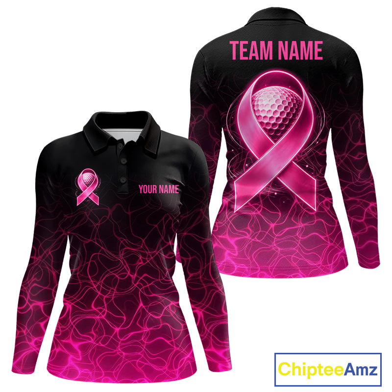 Pink Neon Ribbon Golf Ball Womens Golf Polo Shirt Custom Breast Cancer Awareness Golf Team, Golf Gift NYN4155